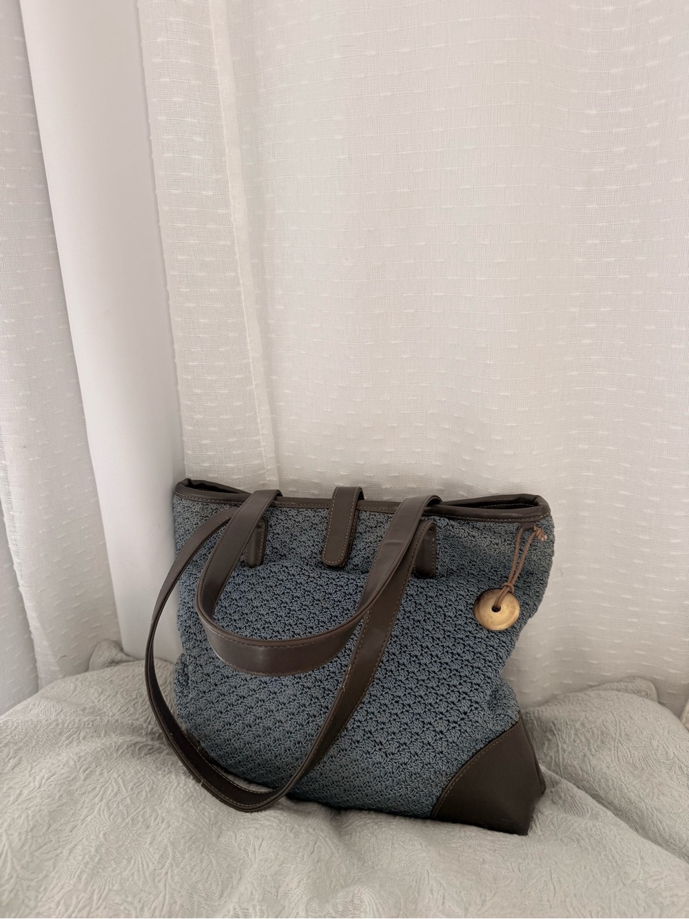 ‘The Sak’ Blue Woven Tote with Brown leather Trim